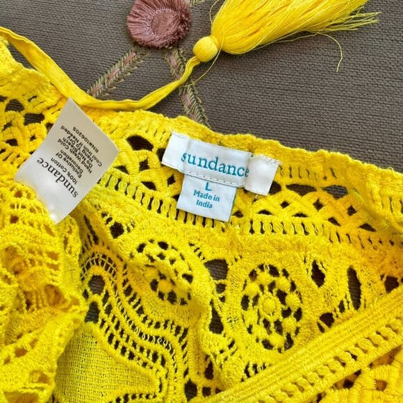 Sundance Kimono Cover Up Swim Crochet Cotton Yellow Gracelyn Yellow Tie Neck (L) - Picture 6 of 6